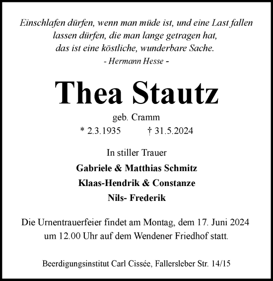Traueranzeige von Thea Stautz von Braunschweiger Zeitung