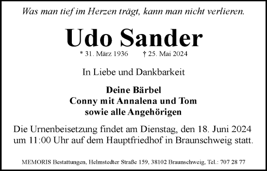 Traueranzeige von Udo Sander von Neue Braunschweiger am Samstag