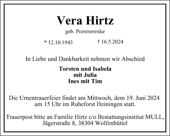 Traueranzeige von Vera Hirtz von Braunschweiger Zeitung