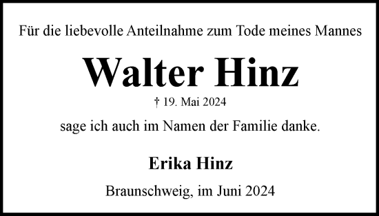 Traueranzeige von Walter Hinz von Braunschweiger Zeitung