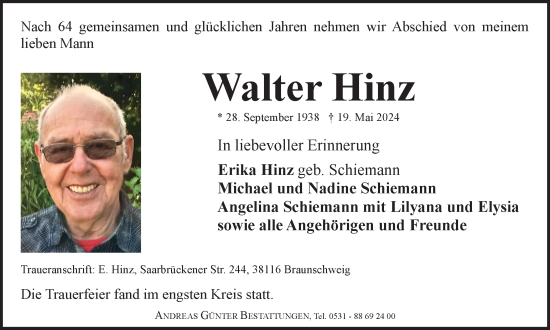 Traueranzeige von Walter Hinz von Braunschweiger Zeitung