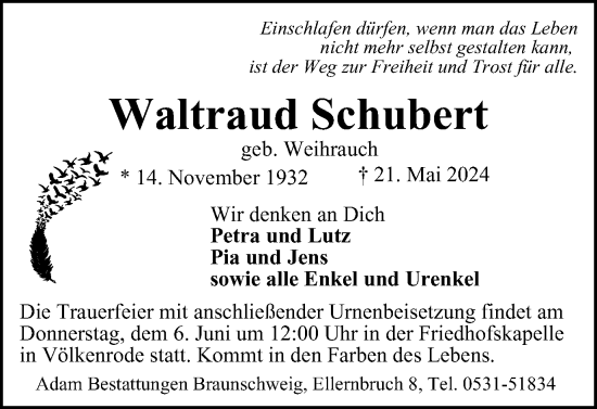 Traueranzeige von Waltraud Schubert von Braunschweiger Zeitung