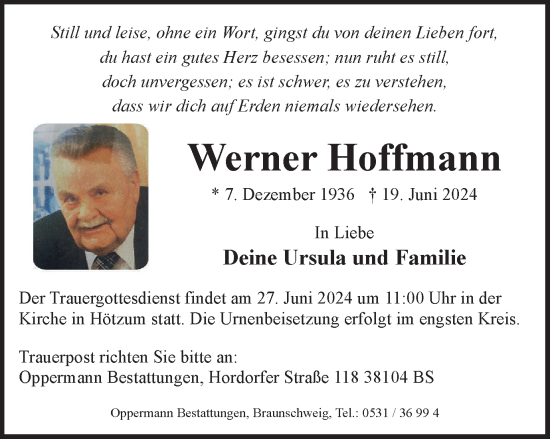 Traueranzeige von Werner Hoffmann von Braunschweiger Zeitung