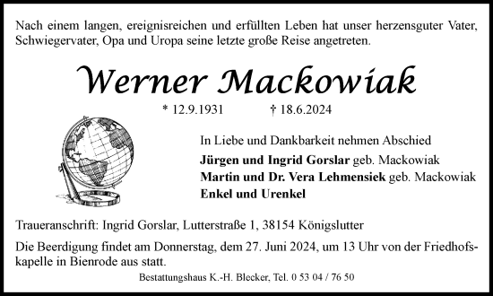 Traueranzeige von Werner Mackowiak von Braunschweiger Zeitung