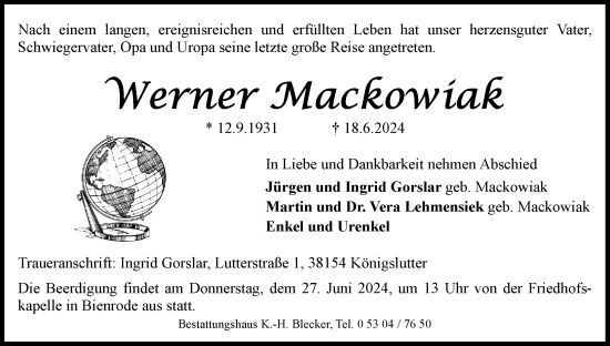Traueranzeige von Werner Mackowiak von Neue Braunschweiger am Samstag