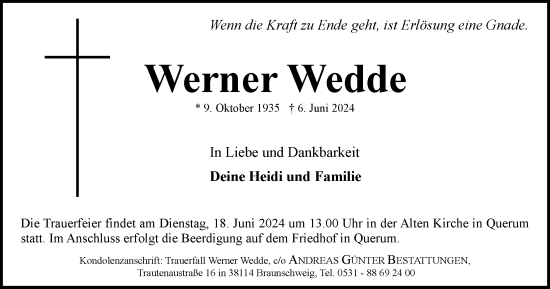 Traueranzeige von Werner Wedde von Braunschweiger Zeitung