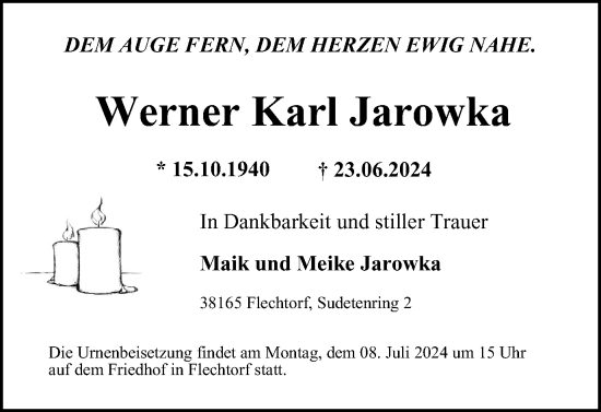 Traueranzeige von Werner Karl Jarowka von Helmstedter Nachrichten
