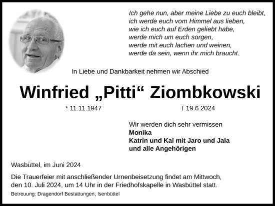 Traueranzeige von Winfried Ziombkowski von Wolfsburger Nachrichten
