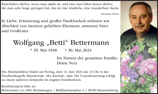 Traueranzeige von Wolfgang Bettermann von Braunschweiger Zeitung