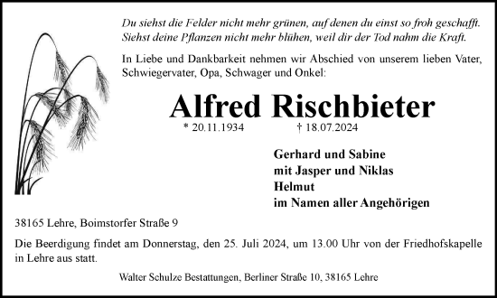 Traueranzeige von Alfred Rischbieter von Braunschweiger Zeitung
