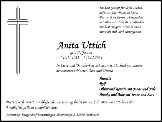 Traueranzeige von Anita Uttich von Wolfsburger Nachrichten