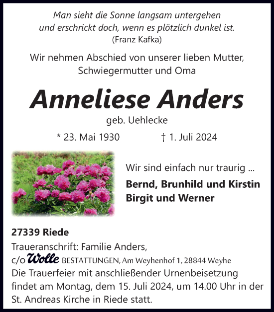 Traueranzeige von Anneliese Anders von Helmstedter Nachrichten