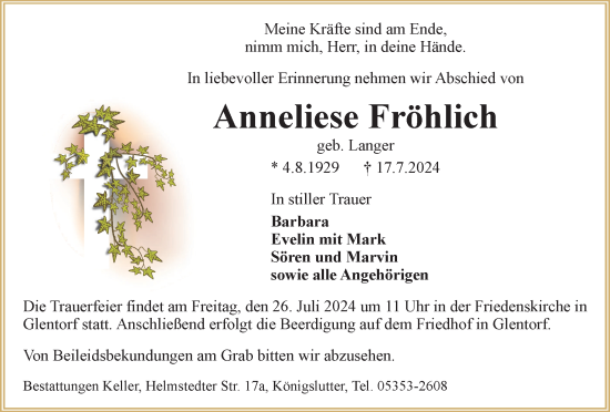 Traueranzeige von Anneliese Fröhlich von Helmstedter Nachrichten