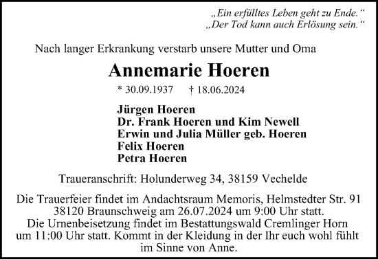 Traueranzeige von Annemarie Hoeren von Braunschweiger Zeitung
