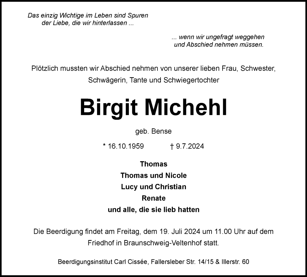  Traueranzeige für Birgit Michehl vom 13.07.2024 aus Braunschweiger Zeitung