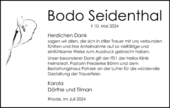Traueranzeige von Bodo Seidenthal von Helmstedter Nachrichten