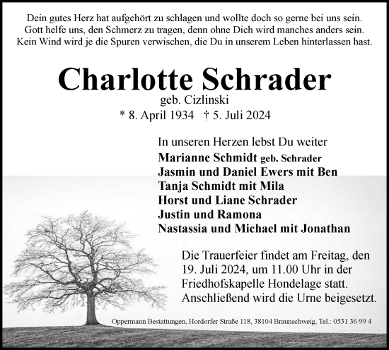 Traueranzeige von Charlotte Schrader von Braunschweiger Zeitung
