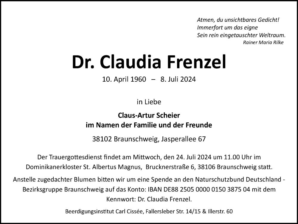  Traueranzeige für Claudia Frenzel vom 13.07.2024 aus Braunschweiger Zeitung