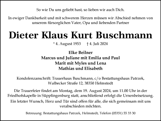 Traueranzeige von Dieter Klaus Kurt Buschmann von Wolfsburger Nachrichten