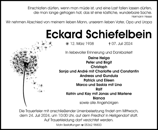 Traueranzeige von Eckard Schiefelbein von Wolfsburger Nachrichten