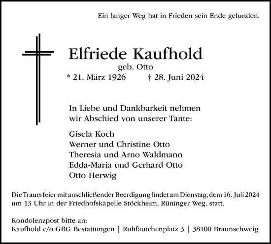 Traueranzeige von Elfriede Kaufhold von Braunschweiger Zeitung