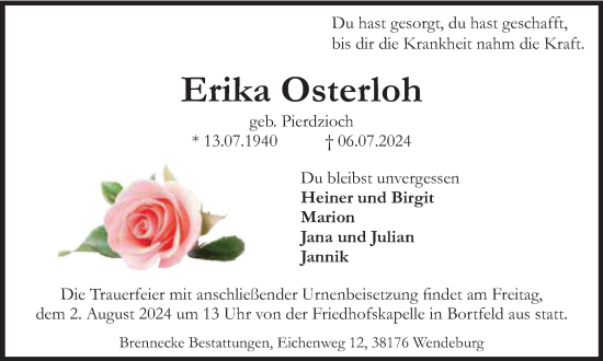 Traueranzeige von Erika Osterloh von Braunschweiger Zeitung