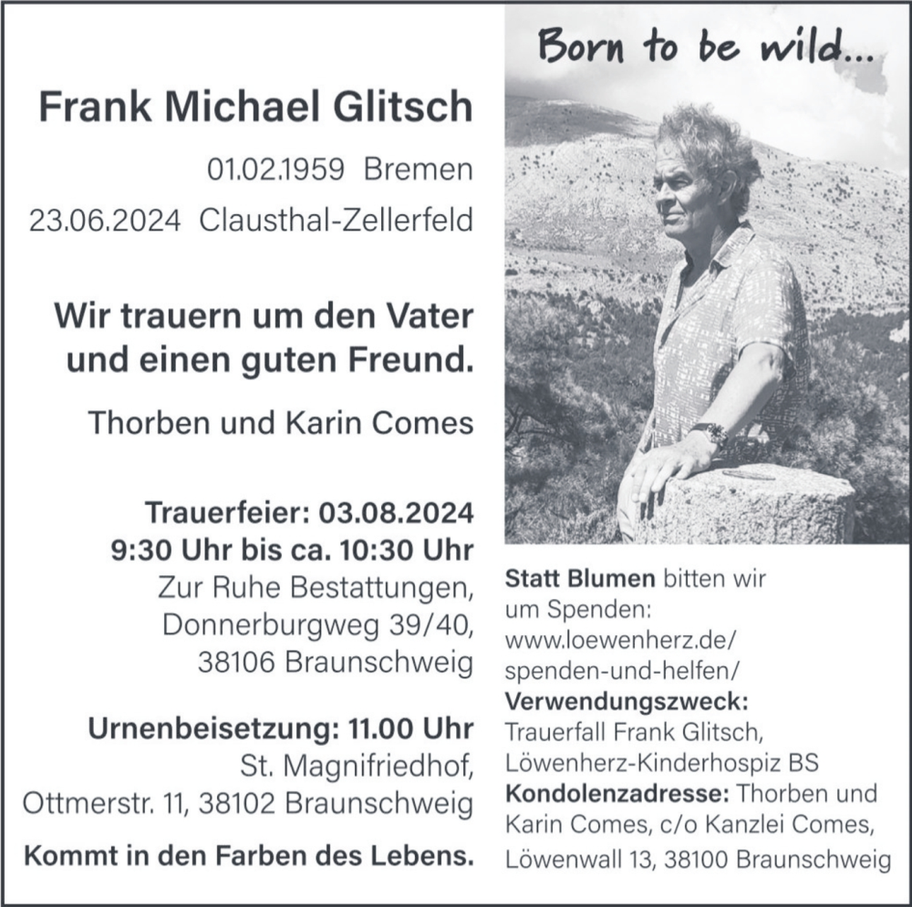  Traueranzeige für Frank Michael Glitsch vom 20.07.2024 aus Braunschweiger Zeitung
