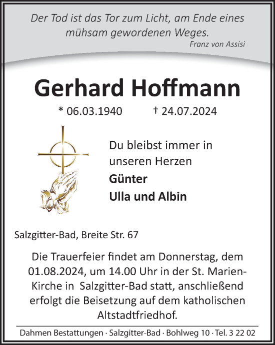 Traueranzeige von Gerhard Hoffmann von Salzgitter-Zeitung