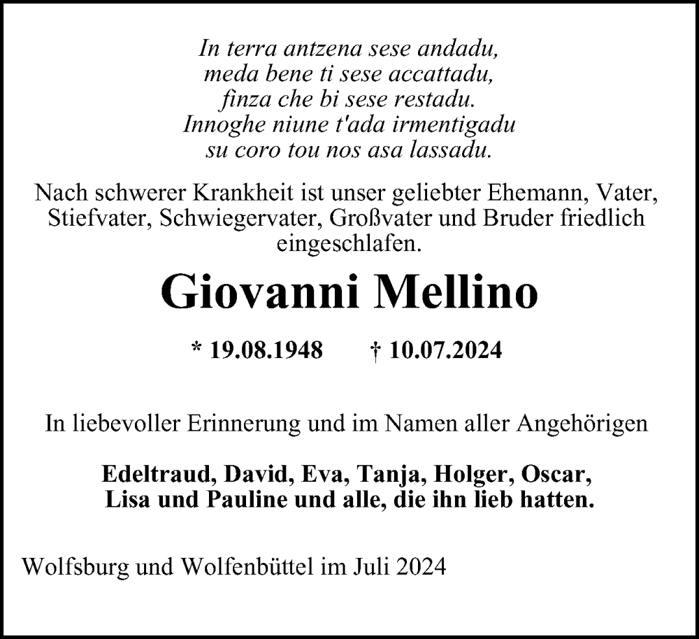  Traueranzeige für Giovanni Mellino vom 16.07.2024 aus Wolfsburger Nachrichten, Wolfenbütteler Zeitung