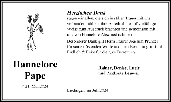 Traueranzeige von Hannelore Pape von Braunschweiger Zeitung
