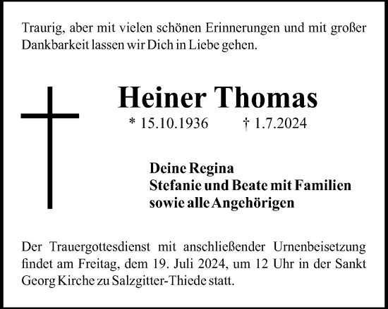 Traueranzeige von Heiner Thomas von Salzgitter-Zeitung