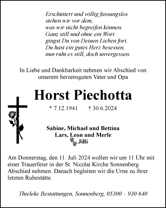 Traueranzeige von Horst Piechotta von Peiner Nachrichten