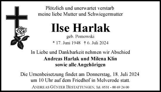 Traueranzeige von Ilse Harlak von Braunschweiger Zeitung