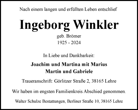 Traueranzeige von Ingeborg Winkler von Helmstedter Nachrichten