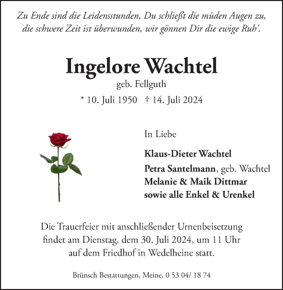 Traueranzeige von Ingelore Wachtel von Wolfsburger Nachrichten