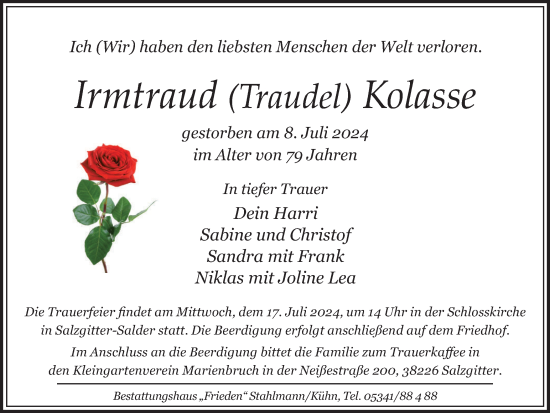 Traueranzeige von Irmtraud  Kolasse von Salzgitter-Zeitung
