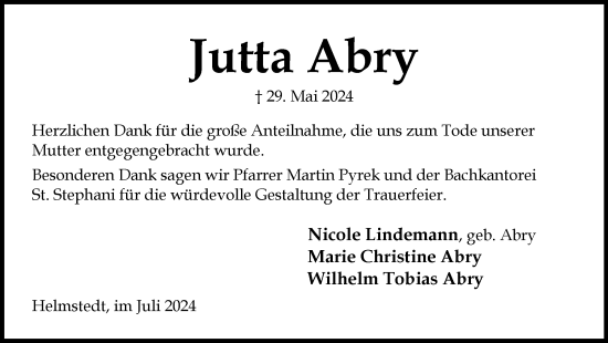 Traueranzeige von Jutta Abry von Helmstedter Nachrichten