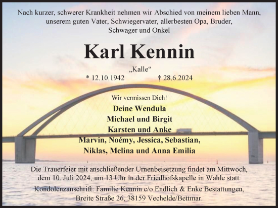 Traueranzeige von Karl Kennin von Peiner Nachrichten