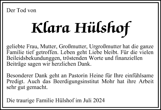 Traueranzeige von Klara Hülshof von Wolfsburger Nachrichten