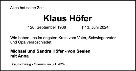 Traueranzeige von Klaus Höfer von Braunschweiger Zeitung