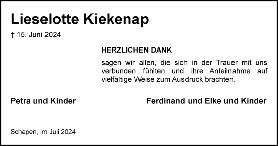 Traueranzeige von Lieselotte Kiekenap von Braunschweiger Zeitung