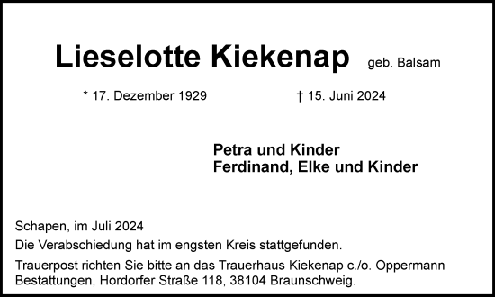 Traueranzeige von Lieselotte Kiekenapp von Braunschweiger Zeitung