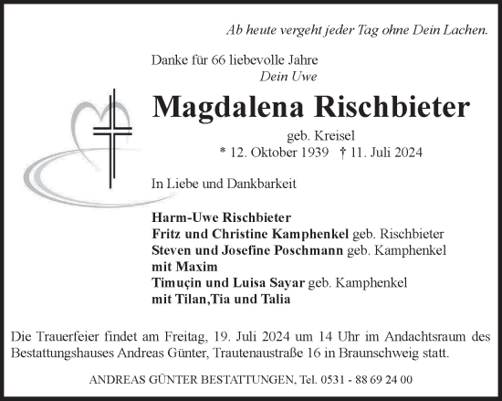 Traueranzeige von Magdalena Rischbieter von Braunschweiger Zeitung