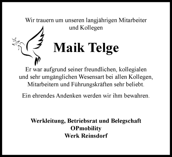Traueranzeige von Maik Telge von Helmstedter Nachrichten