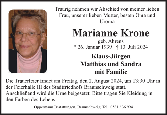 Traueranzeige von Marianne Krone von Braunschweiger Zeitung