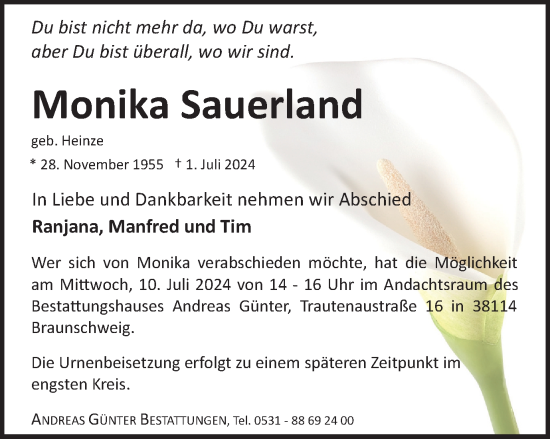 Traueranzeige von Monika Sauerland von Braunschweiger Zeitung