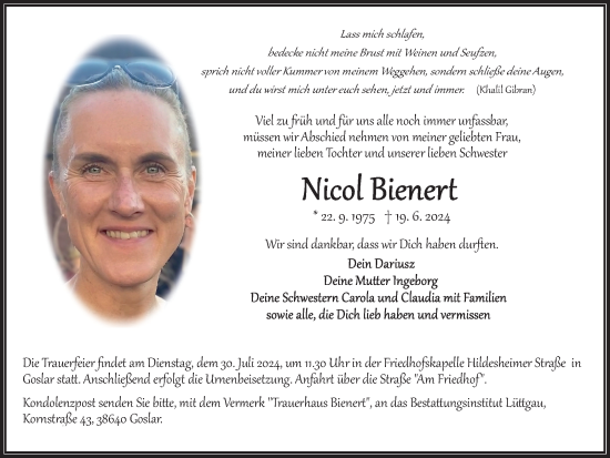 Traueranzeige von Nicol Bienert von Salzgitter-Zeitung