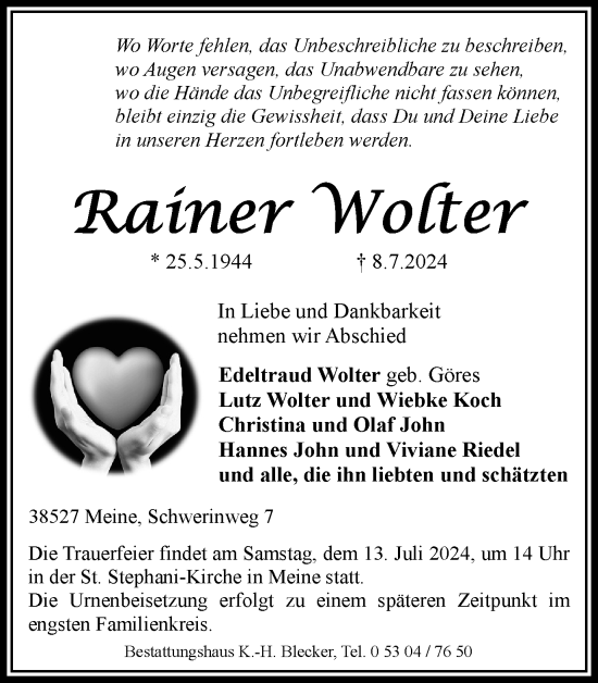 Traueranzeige von Rainer Wolter von Braunschweiger Zeitung
