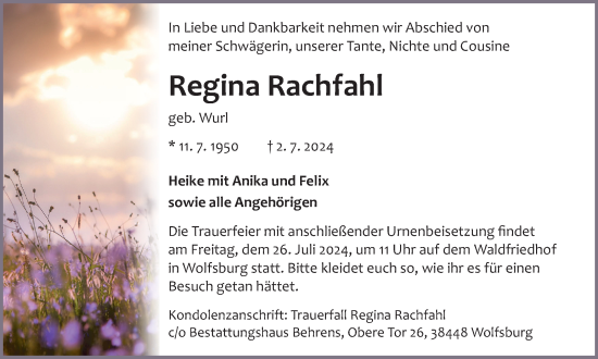Traueranzeige von Regina Rachfahl von Wolfsburger Nachrichten