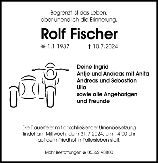 Traueranzeige von Rolf Fischer von Wolfsburger Nachrichten, Helmstedter Nachrichten